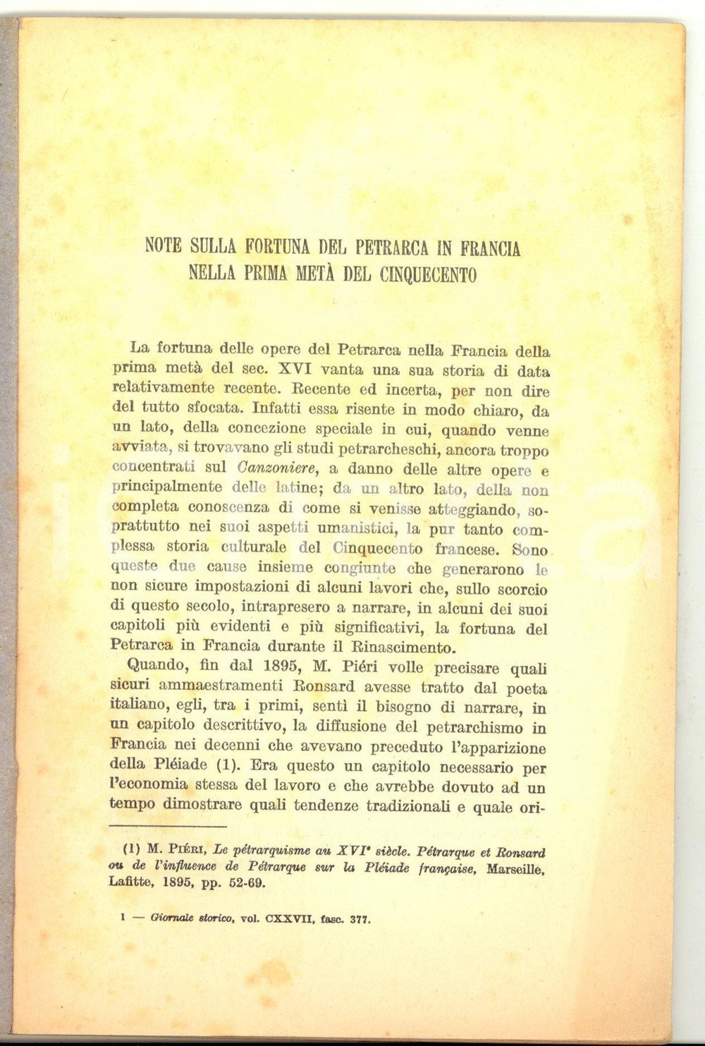 Libro, pubblicazione d epoca 1951 Franco SIMONE Note sulla fortuna del Petrarca in Francia nel Cinquecento 1