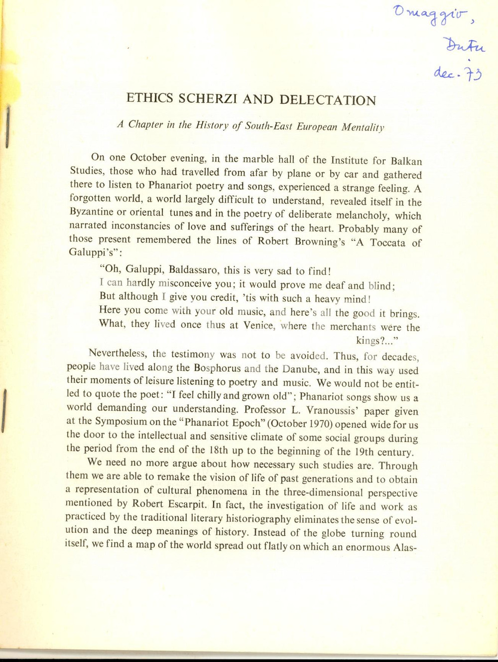 Libro, pubblicazione d epoca 1973 Alexandru DUTU Ethics scherzi and delectation Autografo Balkan studies 1