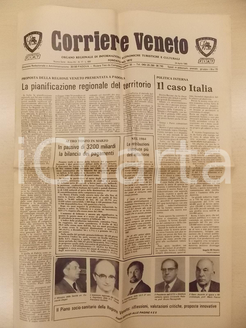 Giornale, rivista storica 1985 CORRIERE VENETO Bilancio legge 833 e riforma sanitaria Regione Veneto 1