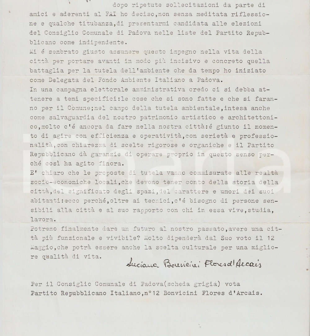 Materiale pubblicitario d’epoca 1985 PADOVA Delegata FAI Luciana BONVICINI FLORES D ARCAIS Candidata PRI Lettera 1