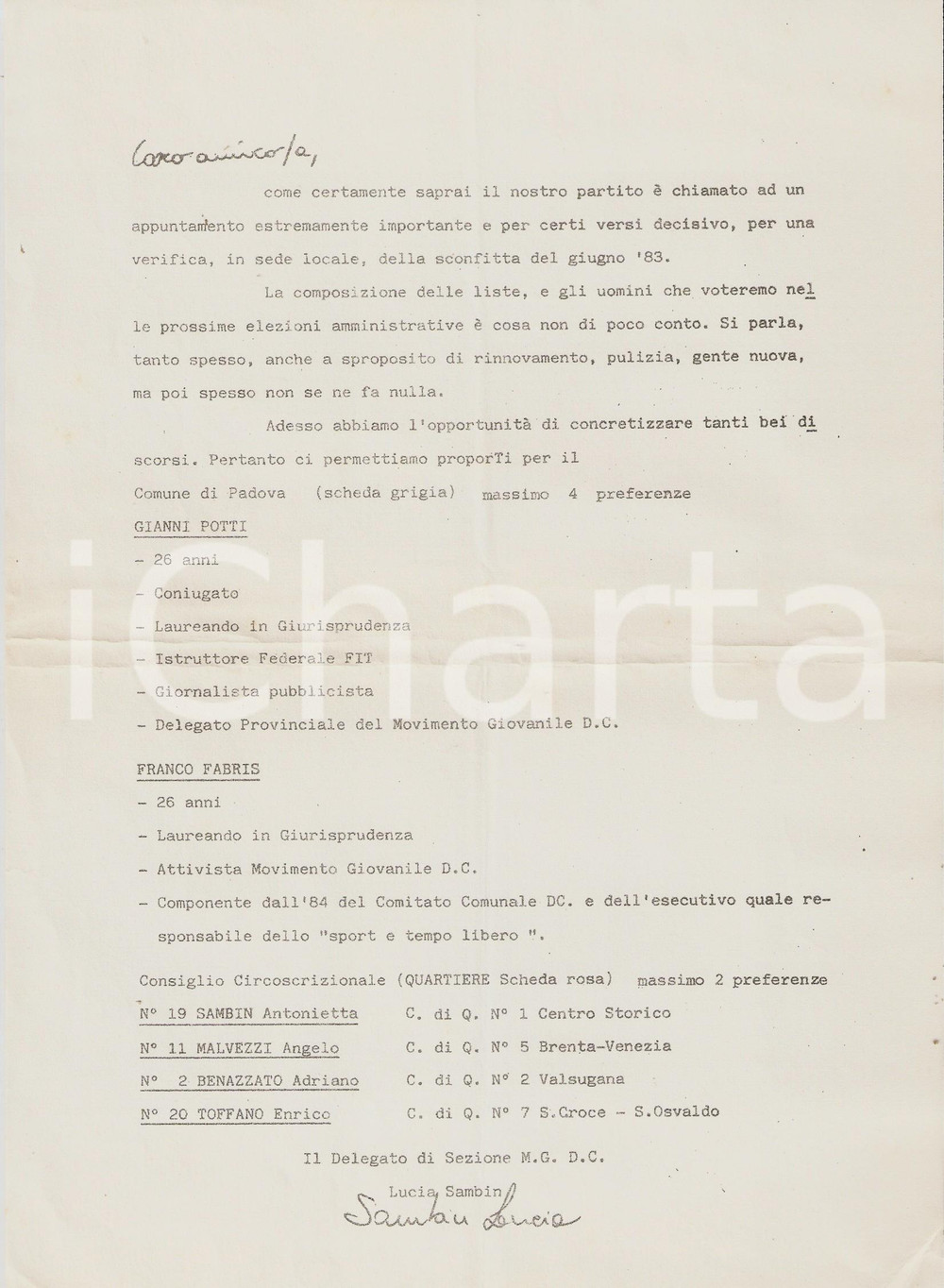 Materiale pubblicitario d’epoca 1985 PADOVA Movimento giovanile DC Lucia SAMBIN presenta candidati alle elezioni 1