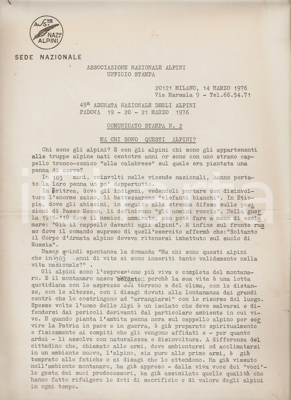 Documento originale, autentico 1976 PADOVA 49Â° Adunata nazionale ALPINI Comunicato stampa di Aldo RASERO 1