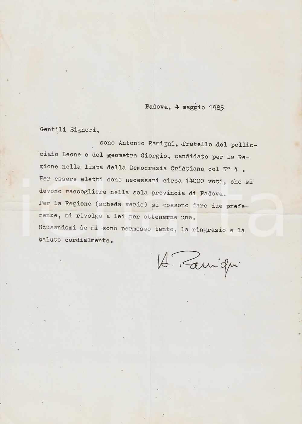 Materiale pubblicitario d’epoca 1985 PADOVA Candidato DC Antonio RAMIGNI chiede voto per elezioni regionali 1
