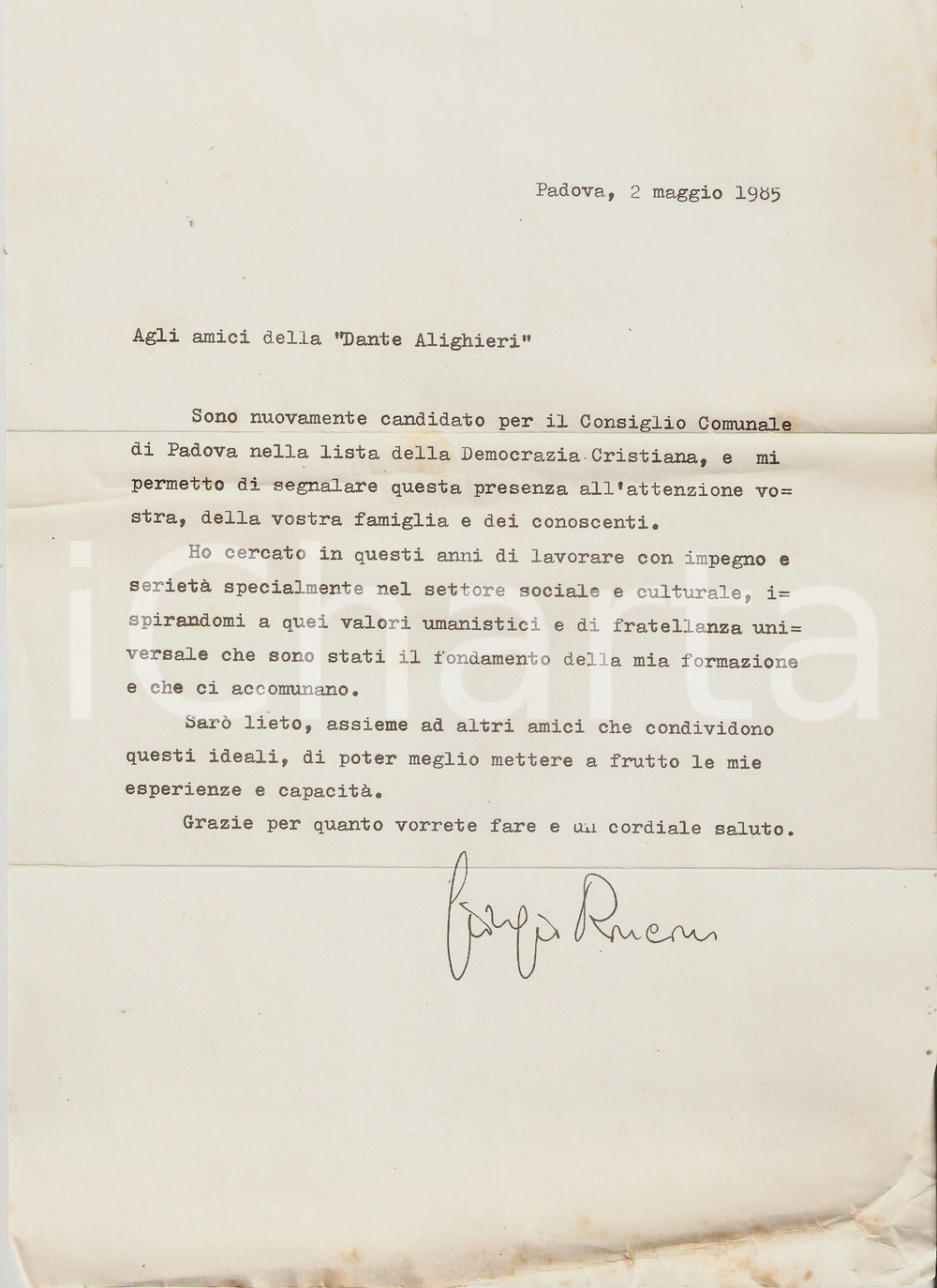 Materiale pubblicitario d’epoca 1985 PADOVA Candidato DC Giorgio RONCONI scrive all Istituto Dante ALIGHIERI 1