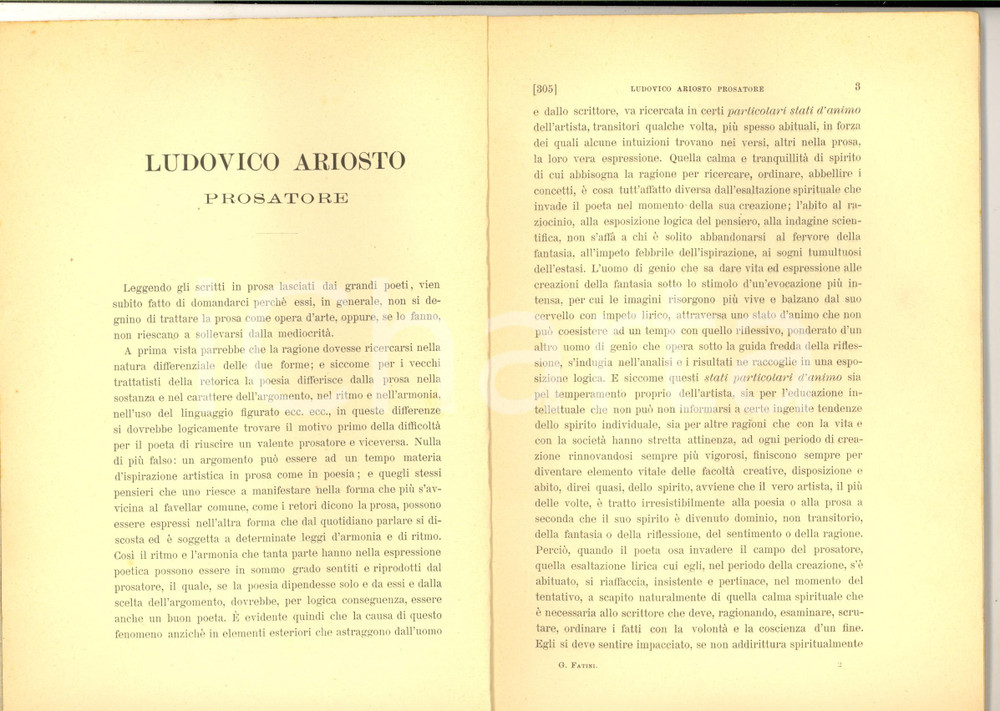 Libro, pubblicazione d epoca 1915 Giuseppe FATINI Ludovico Ariosto prosatore Estratto 44 pp. 1