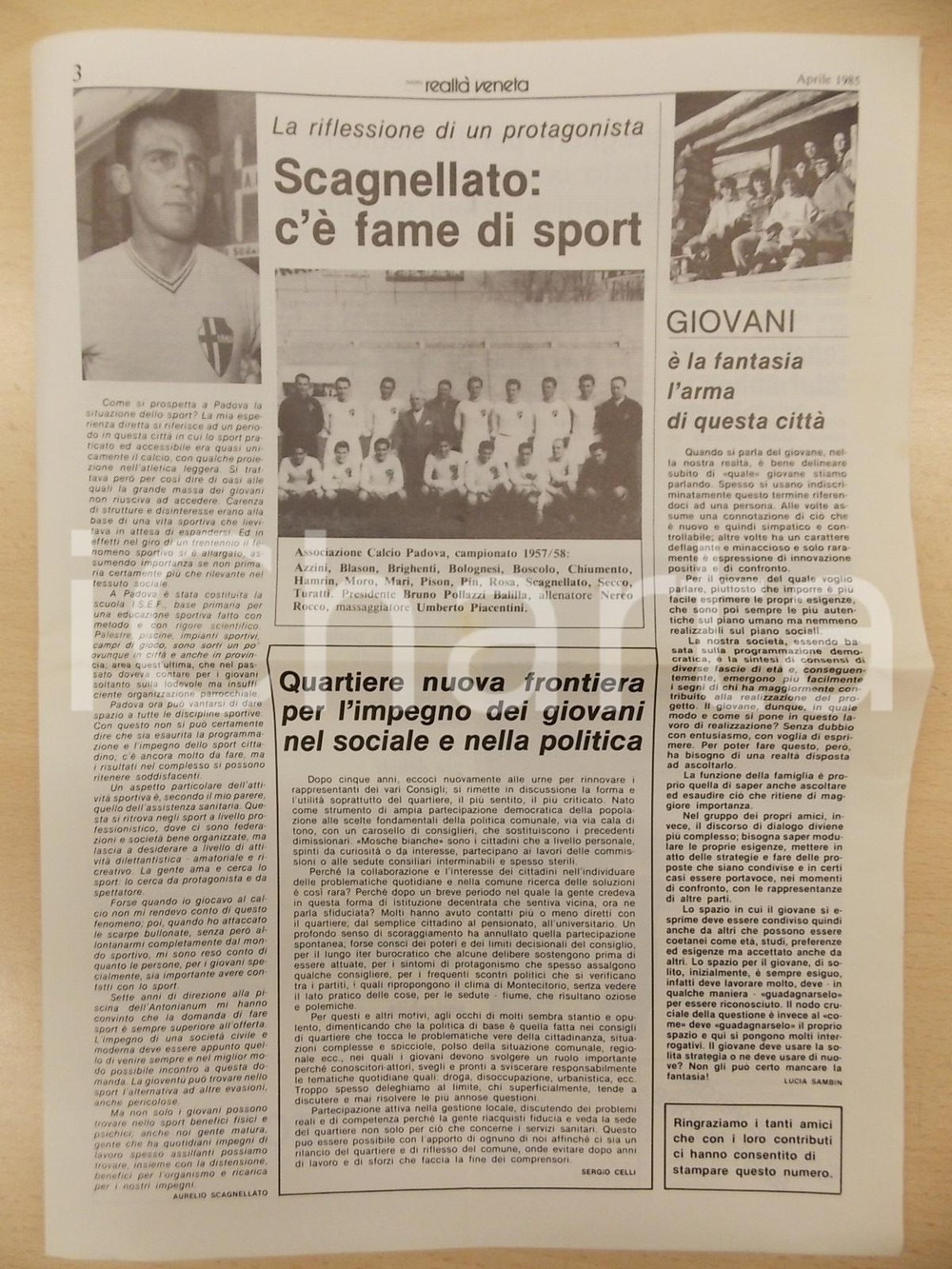 Giornale, rivista storica 1985 NUOVA REALTA  VENETA Aurelio SCAGNELLATO sullo sport a PADOVA Rivista 1