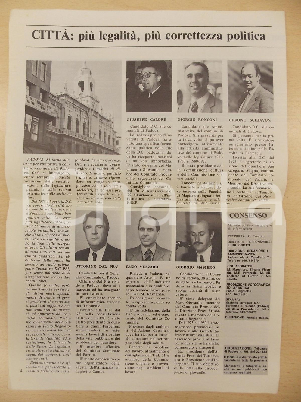 Giornale, rivista storica 1985 PADOVA Rivista CONSENSO Democrazia Cristiana DC riporta legalitÃ  in cittÃ  1