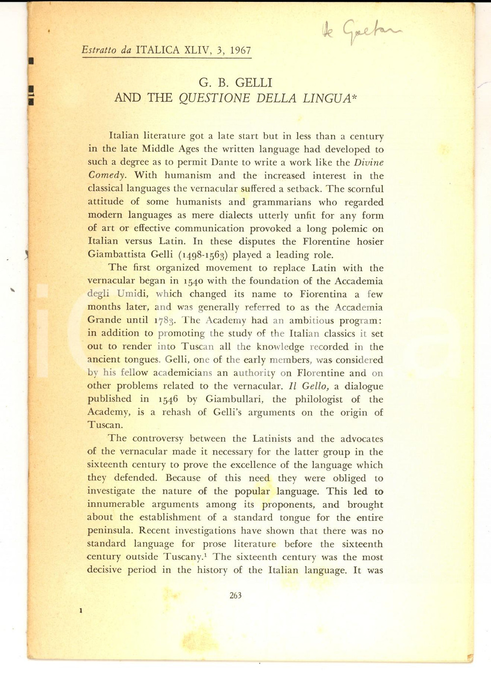Libro, pubblicazione d epoca 1967 Armand L. DE GAETANO G. B. Gelli e la questione della lingua Estratto 1