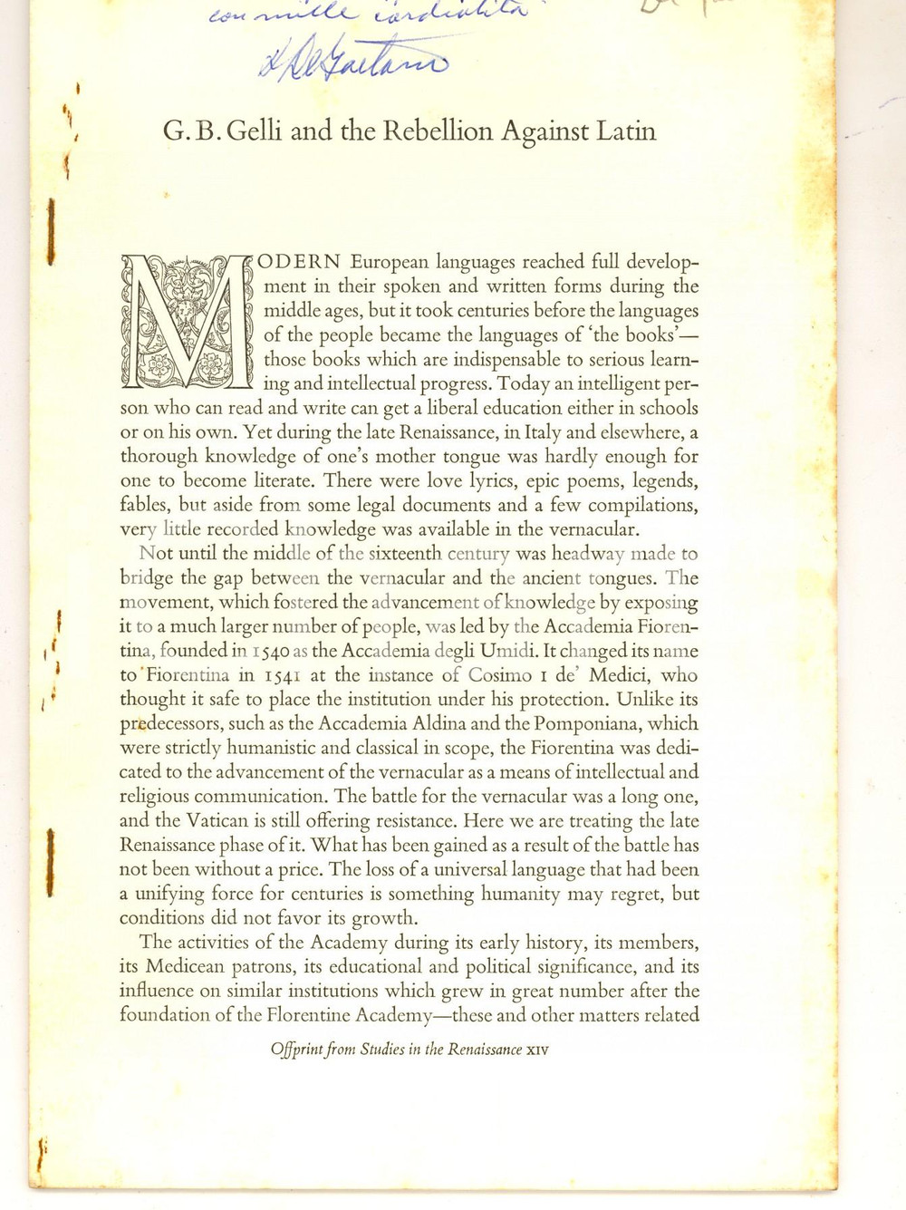 Libro, pubblicazione d epoca 1960 ca Armand L. DE GAETANO G. B. Gelli and rebellion against Latin Autograph 1