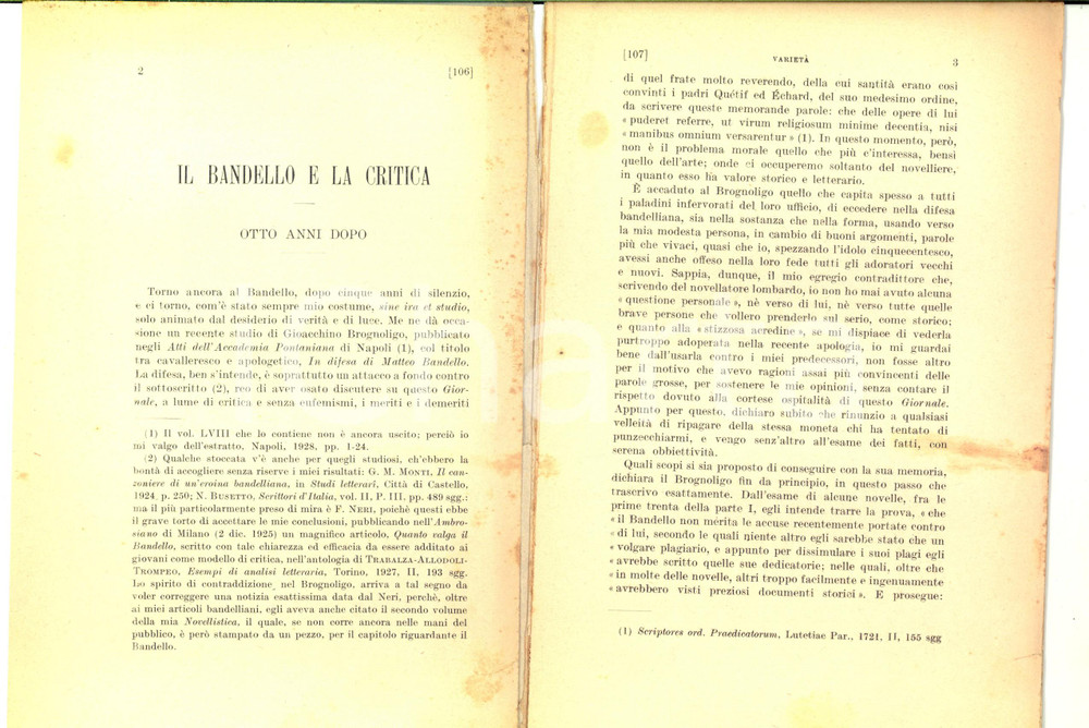 Libro, pubblicazione d epoca 1929 Letterio DI FRANCIA Il Bandello e la critica  Otto anni dopo AUTOGRAFO 1