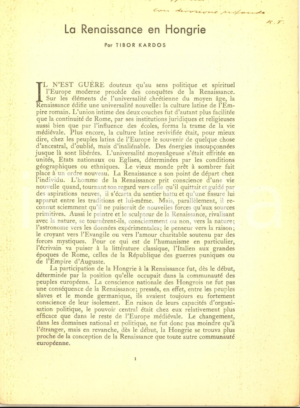 Libro, pubblicazione d epoca 1939 BUDAPEST Tibor KARDOS La Renaissance en Hongrie Invio autografo 1