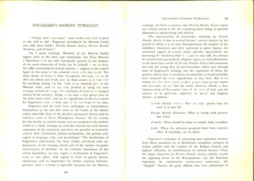 Libro, pubblicazione d epoca 1965 Robert A. HALL jr  Fogazzaro s Maironi tetralogy Invio autografo 10 pp. 1