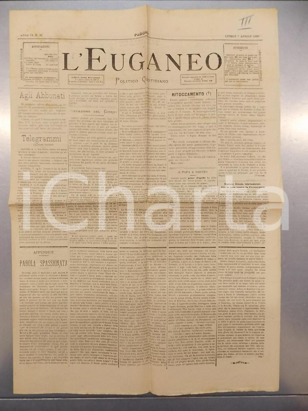 Giornale, rivista storica 1890 PADOVA  L EUGANEO Trentino nuovo Stato Pontificio PESCE D APRILE Giornale 1
