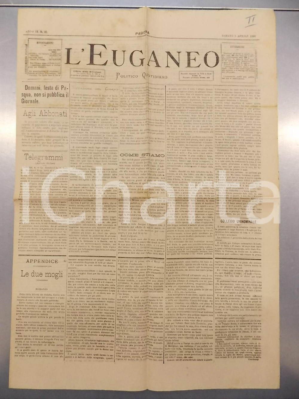Giornale, rivista storica 1890 PADOVA  L EUGANEO Concerto con fonografo al teatro VERDI Anno IX n.95 1