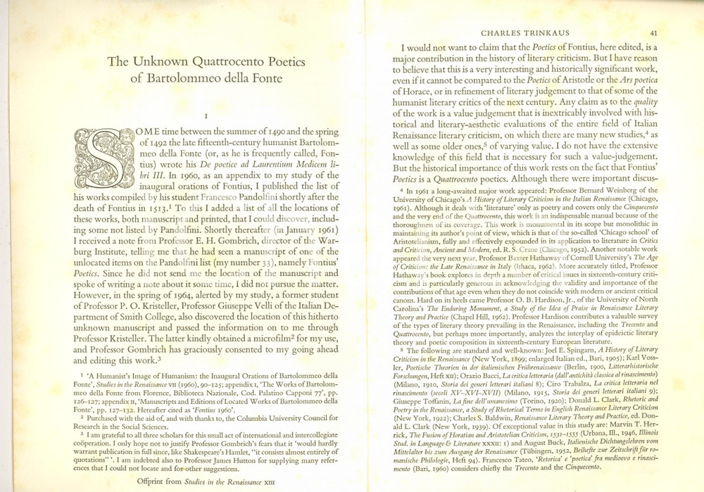 Libro, pubblicazione d epoca 1966 Charles TRINKAUS The unknown Quattrocento poetics Invio autografo 1