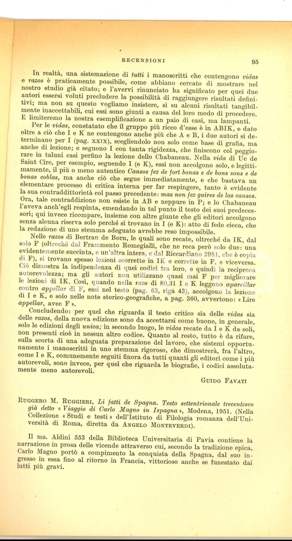 Libro, pubblicazione d epoca 1954 Giuliano GASCA QUEIRAZZA Recensione a Ruggero RUGGIERI Li fatti de Spagna 1