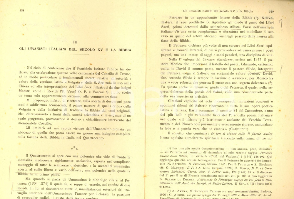 Libro, pubblicazione d epoca 1946 Salvatore GAROFALO Umanisti italiani del secolo XV e la Bibbia Autografo 1