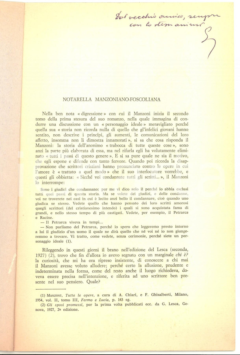Libro, pubblicazione d epoca 1968 Giovanni GAMBARIN Notarella manzonianofoscoliana Invio autografo 1
