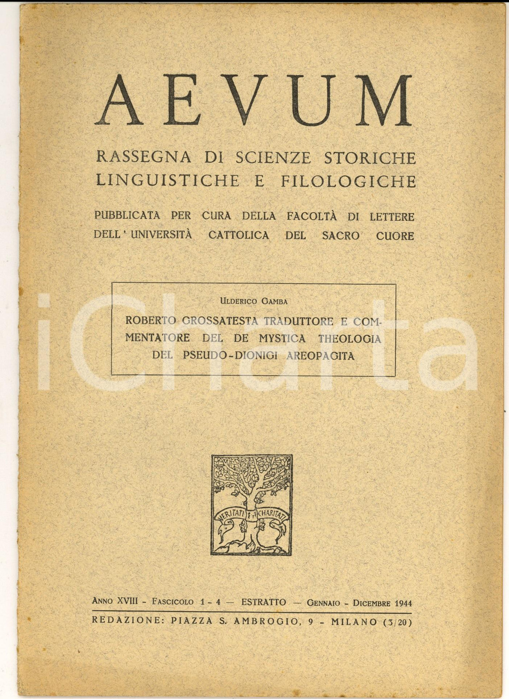Libro, pubblicazione d epoca 1944 Ulderico GAMBA Roberto Grossatesta traduttore del De mystica theologica 1
