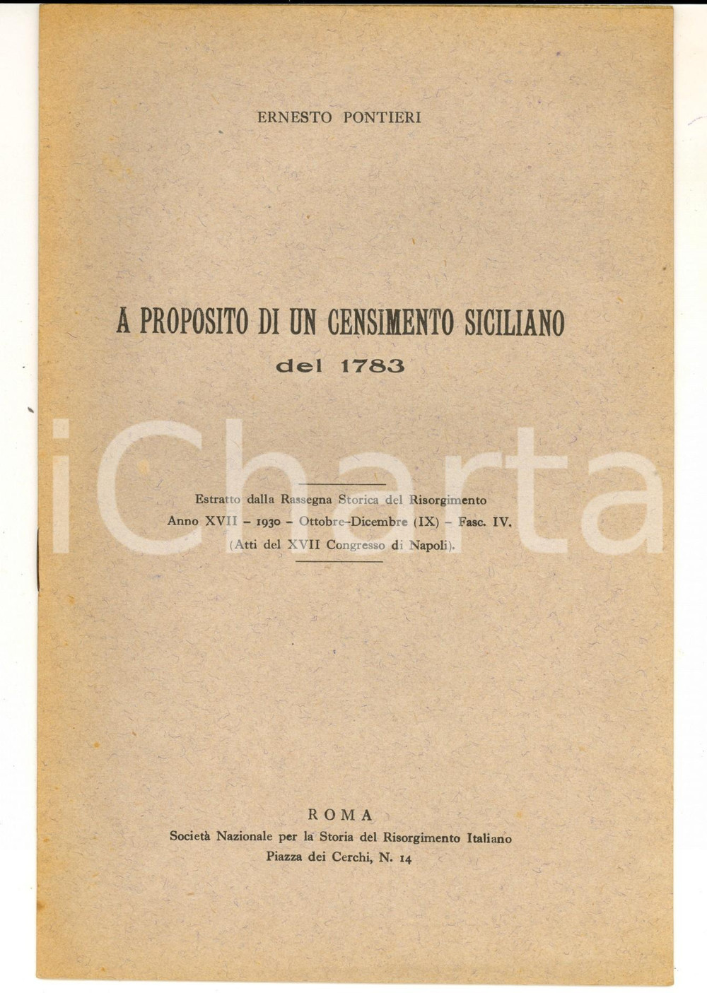 Libro, pubblicazione d epoca 1930 Ernesto PONTIERI A proposito di un censimento siciliano del 1783 Estratto 1