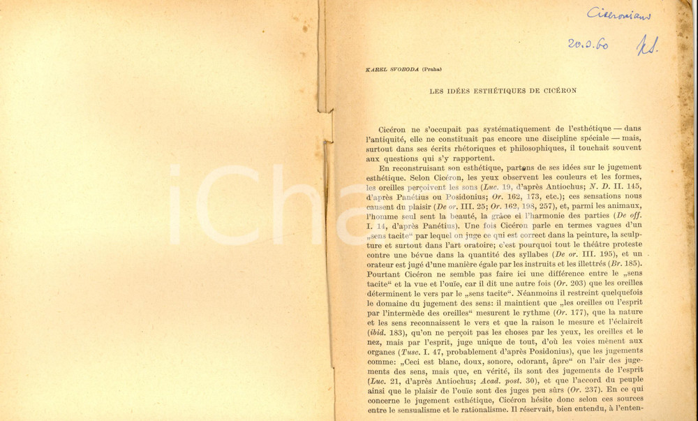Libro, pubblicazione d epoca 1960 Karel SVOBODA Les idÃ©es esthÃ©tiques de CicÃ©ron Invio autografo 1