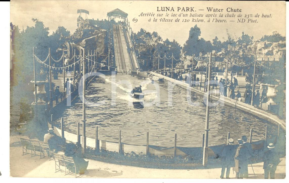 Cartolina originale da collezione 1910 ca FRANCE LUNA PARK  Water Chute  Bateau Ã  120 km heure Carte postale 1