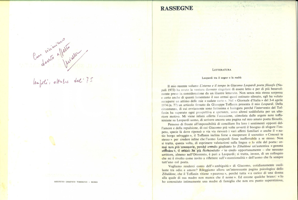Libro, pubblicazione d epoca 1975 Mirella CARBONARA NADDEI Leopardi tra il sogno e la realtà Invio AUTOGRAFO 1