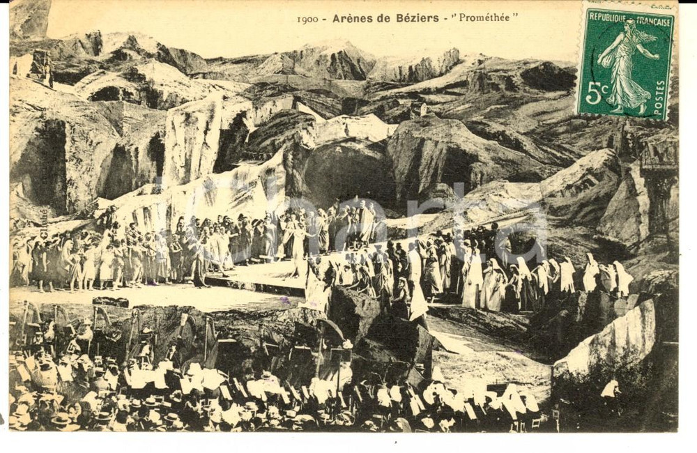 Cartolina originale da collezione 1905 ca ArÃ¨nes de BEZIERS THEATRE Drame PromÃ©thÃ©e en scÃ¨ne Carte postale 1