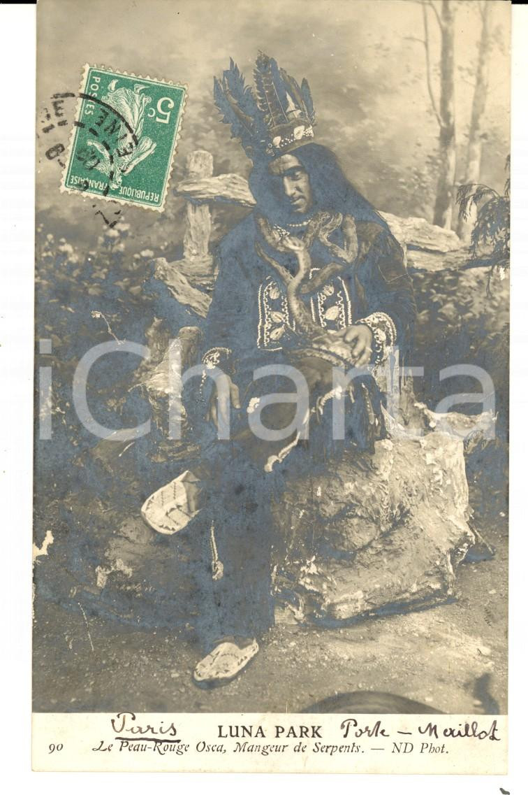 Cartolina originale da collezione 1909 FRANCE LUNA PARK PeauRouge OSCAR mangeur de serpents Carte postale 1