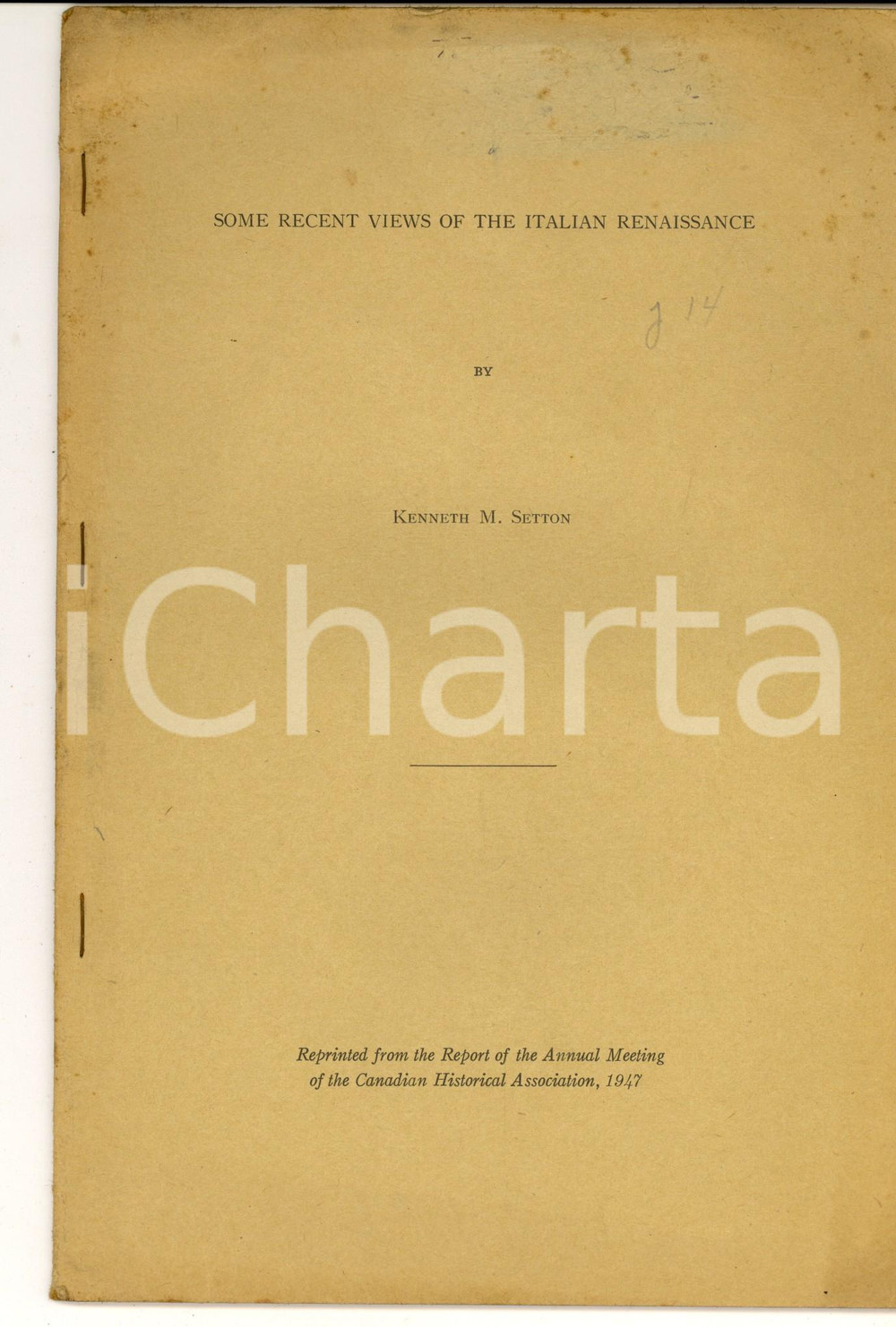 Libro, pubblicazione d epoca 1947 Kenneth M. SETTON Some recents views of the Italian Renaissance 34 pp. 1