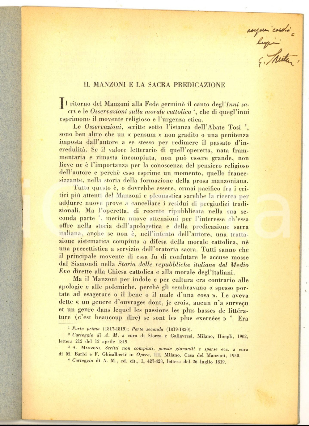 1955 Emilio SANTINI Il Manzoni e la sacra predicazione *Invio AUTOGRAFO CONDIZIONI: FAIR (ma mancanza alla parte finale della coperta) PAGINE: 14    originale e autentica 1