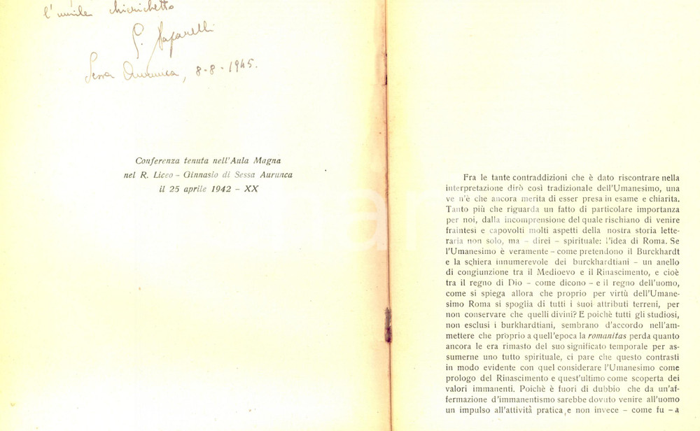 Libro, pubblicazione d epoca 1943 Gioacchino PAPARELLI L Umanesimo e l idea di Roma Invio AUTOGRAFO 1