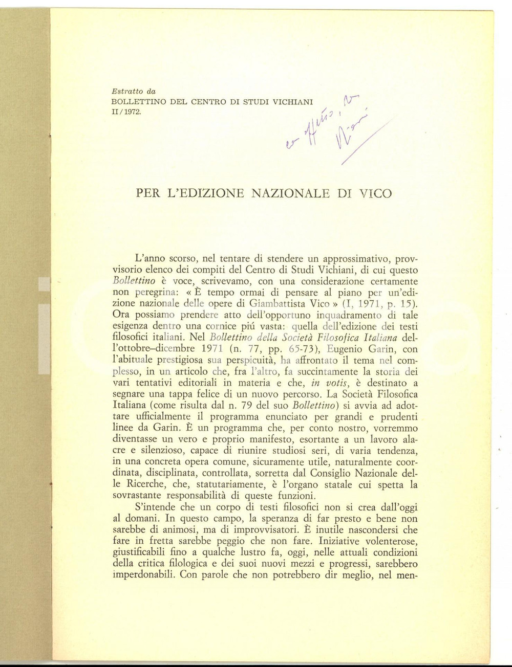 Libro, pubblicazione d epoca 1972 Pietro PIOVANI Per l edizione nazionale di VICO Invio AUTOGRAFO 8 pp. 1
