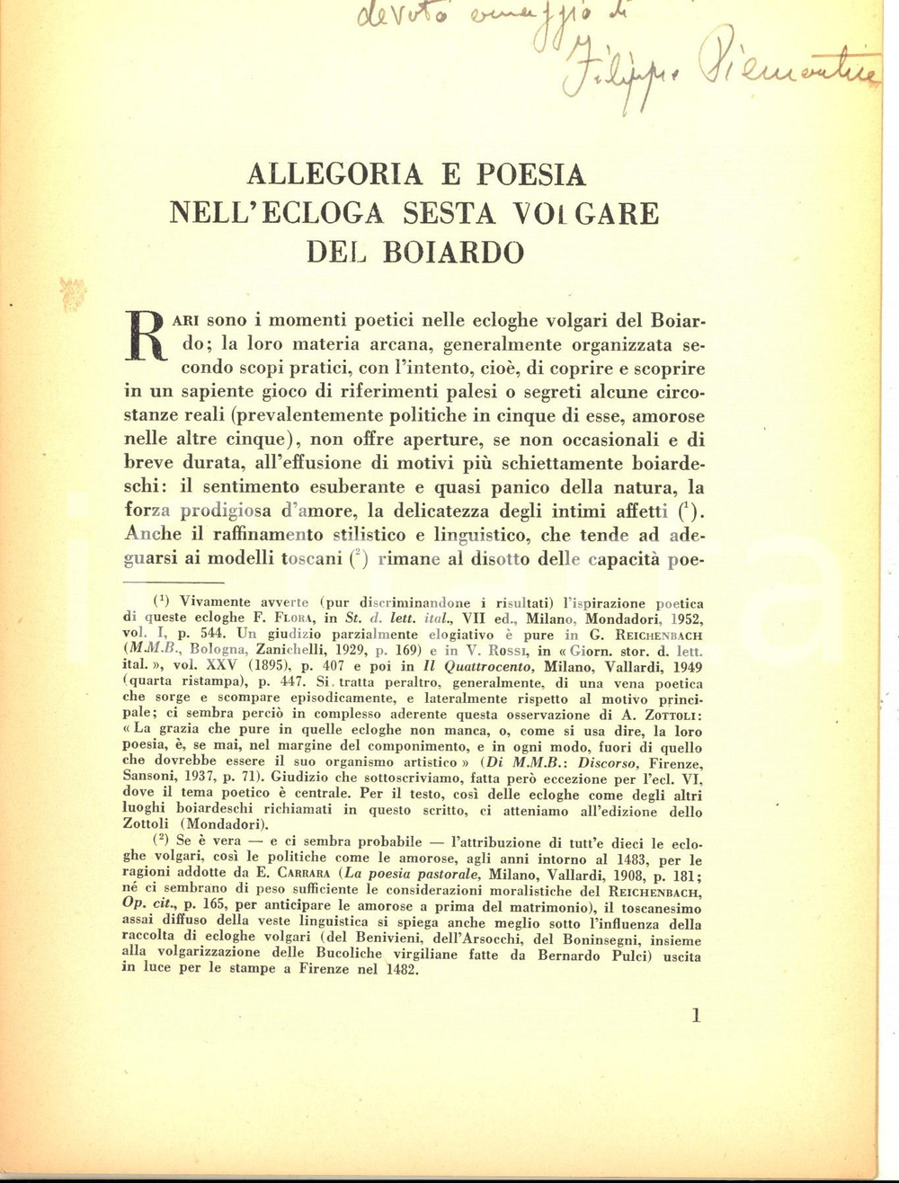 Libro, pubblicazione d epoca 1954 Filippo PIEMONTESE Allegoria e poesia nell Ecloga Sesta  Invio AUTOGRAFO 1