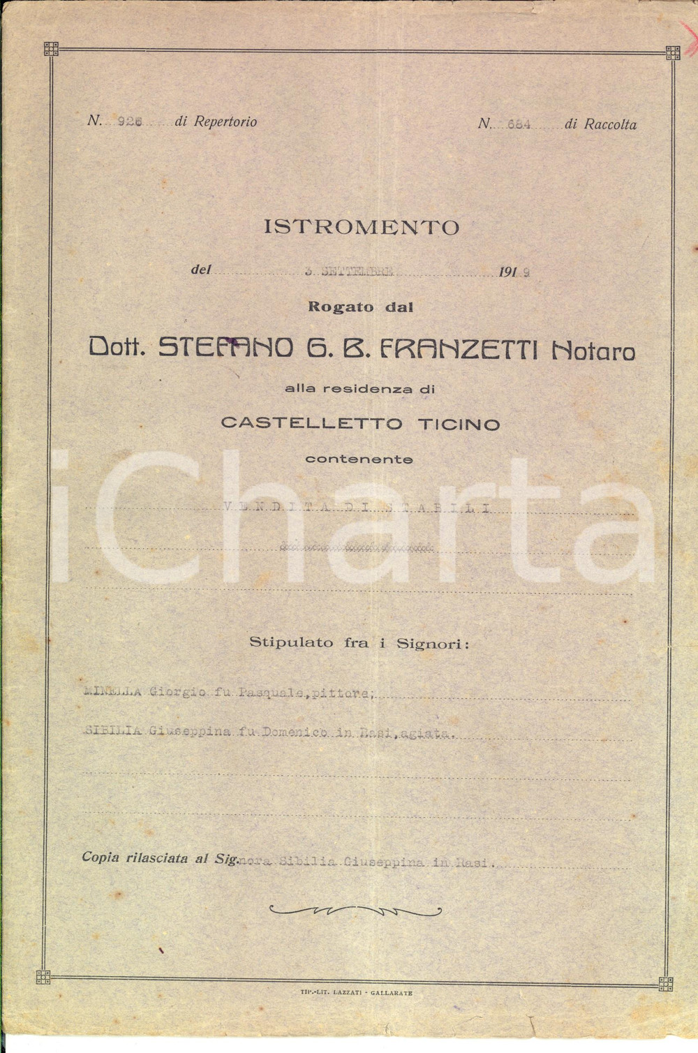 Documento originale, autentico 1919 CASTELLETTO TICINO Giorgio MINELLA vende a Giuseppina SIBILIA casa rurale 1