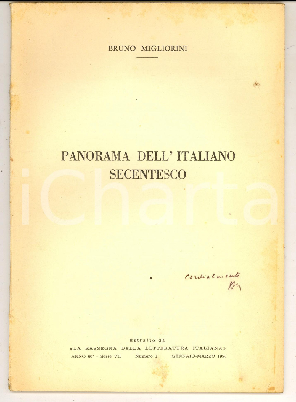 Libro, pubblicazione d epoca 1956 Bruno MIGLIORINI Panorama dell italiano secentesco INVIO AUTOGRAFO 52 pp. 1