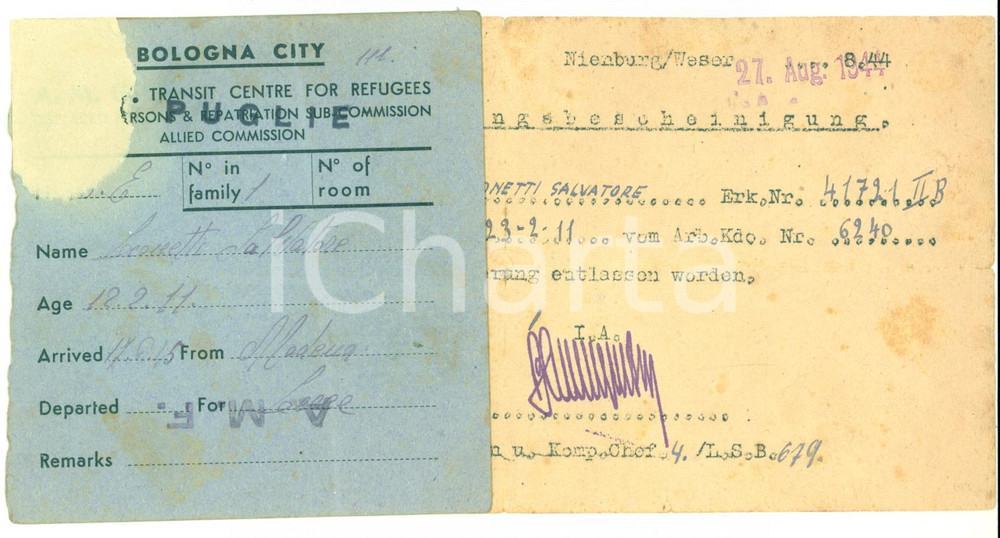 Documento originale, autentico 1944 WW2 STALAG XC NIENBURG/WESER POW Rilascio prigioniero Salvatore LEONETTI 1