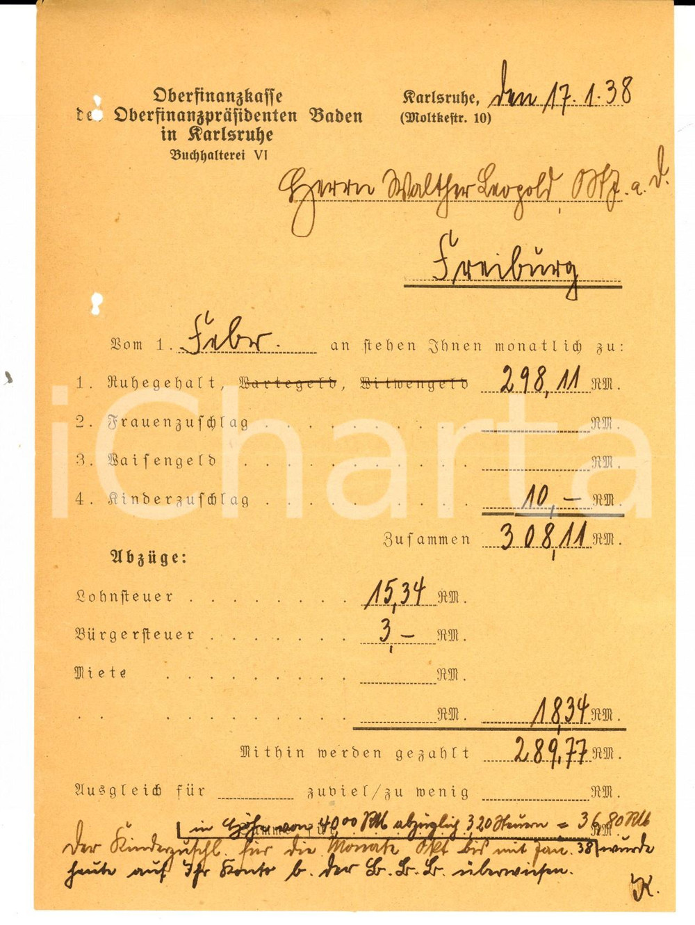 Documento originale, autentico 1938 WW2 KARLSRUHE OBERFINANZKASSE Compensi funzionario Walther LEOPOLD 1