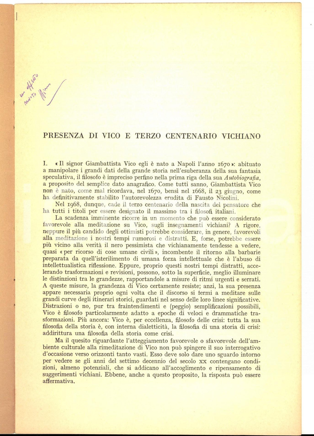 1966 Pietro PIOVANI Presenza di Vico e terzo centenario *Invio autografo Pubblicazione d'epoca. CONDIZIONI: FAIR (buone condizioni interne, ma piccolo taglio al dorso) PAGINE: 16    originale e autentica 1