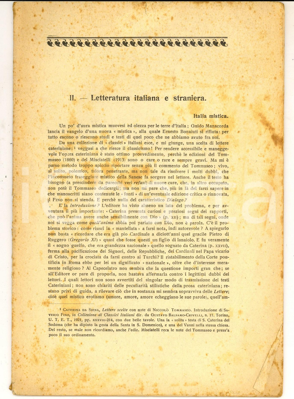Libro, pubblicazione d epoca 1925 ca Enrico CARRARA Rassegne  Italia mistica e Italia mondana 32 pp. 1