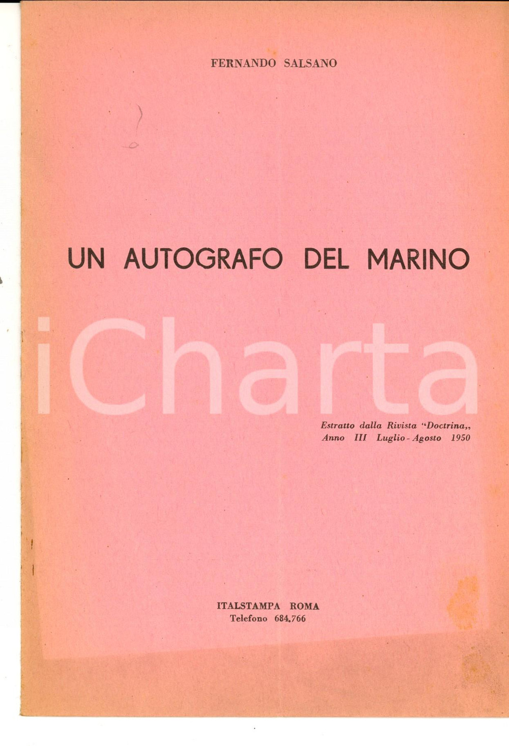 Libro, pubblicazione d epoca 1950 Fernando SALSANO Un autografo del Marino Estratto 4 pp. Doctrina 1