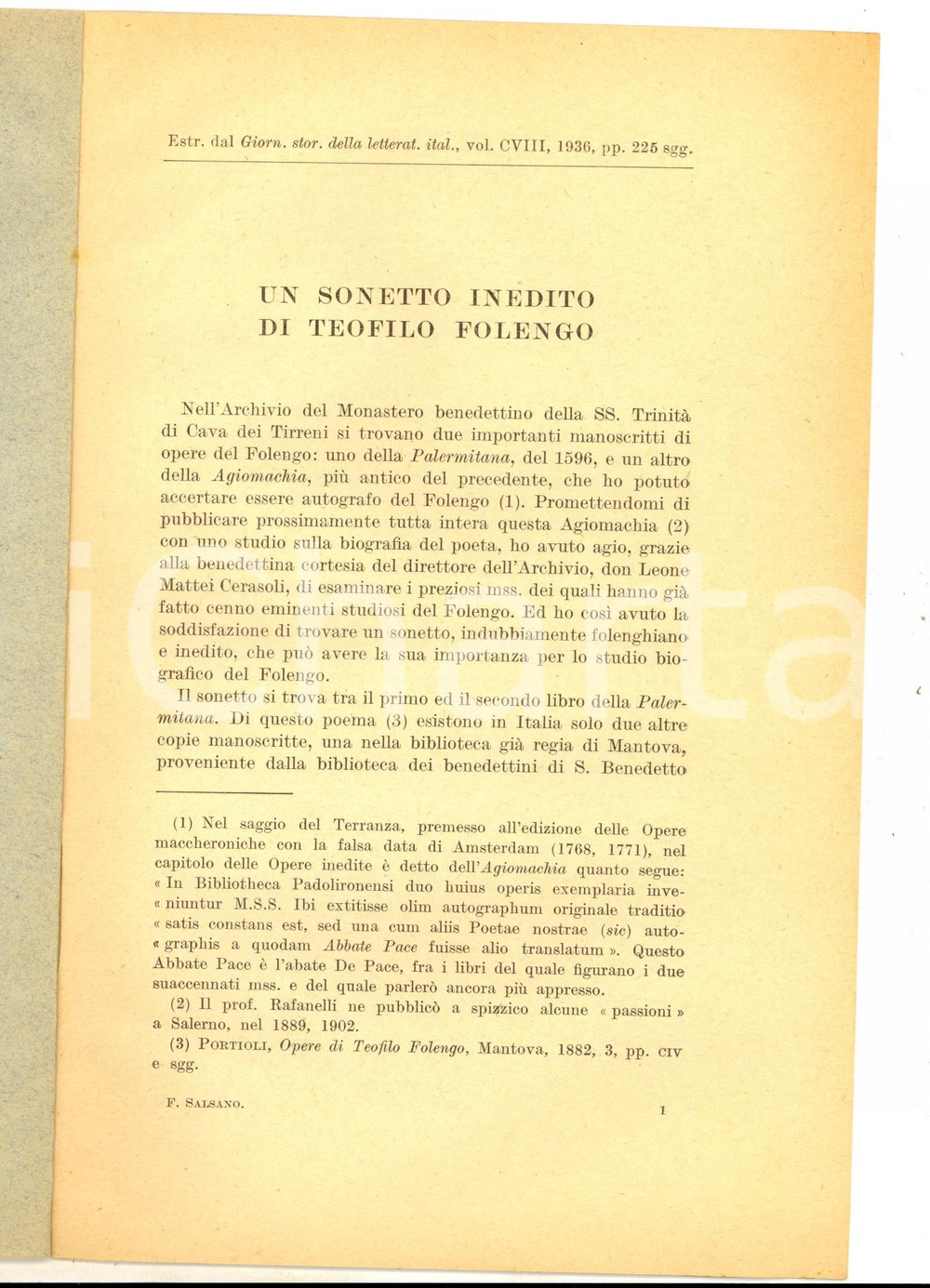 Libro, pubblicazione d epoca 1936 Fernando SALSANO Un sonetto inedito di Teofilo Folengo Estratto 6 pp. 1