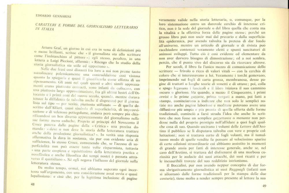 Libro, pubblicazione d epoca 1961 Edoardo GENNARINI Caratteri e forme del giornalismo letterario Autografo 1
