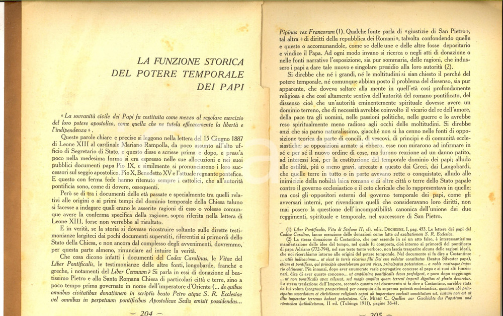 Libro, pubblicazione d epoca 1929 Giovanni SORANZO La funzione storica del potere temporale dei Papi 1