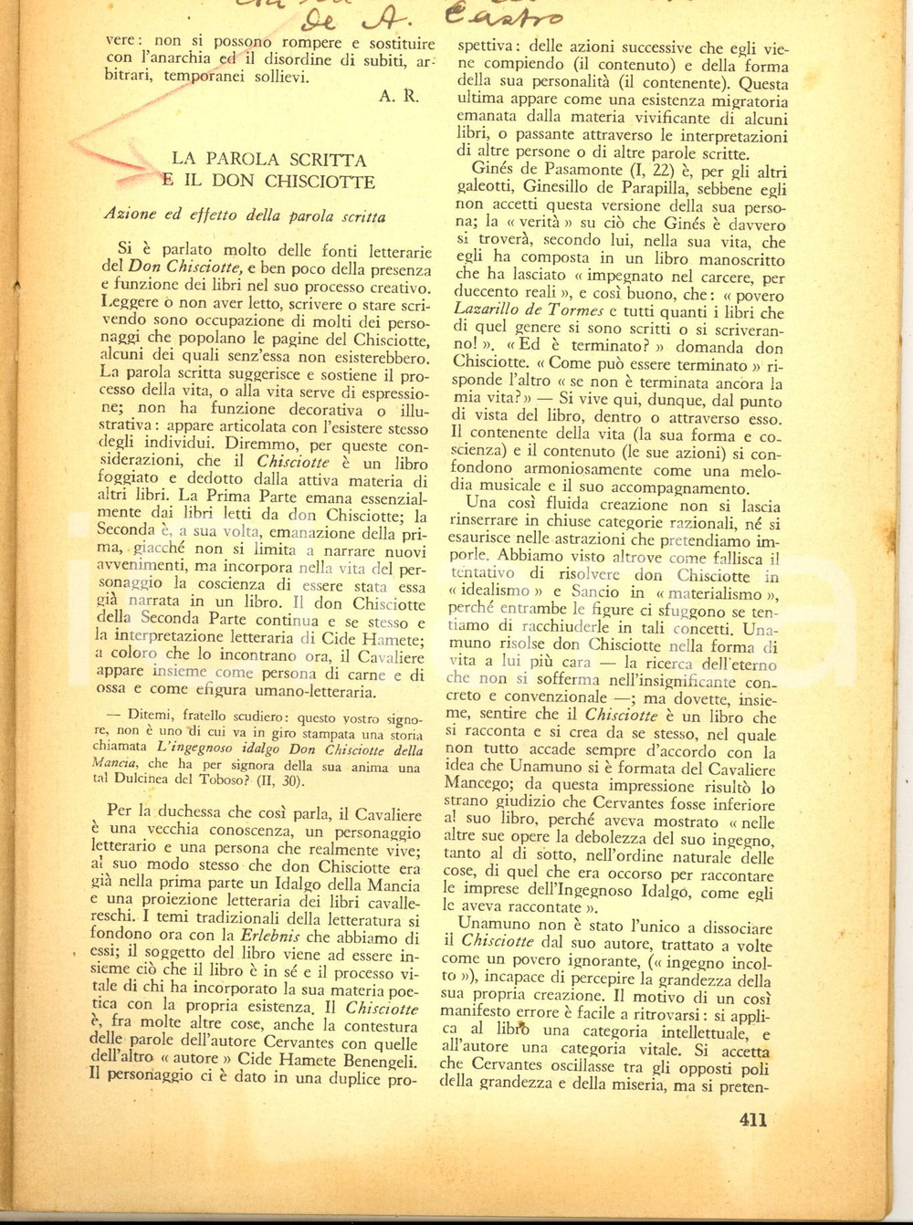 Libro, pubblicazione d epoca 1954 LO SPETTATORE ITALIANO Parola scritta e don Chisciotte Americo CASTRO 1