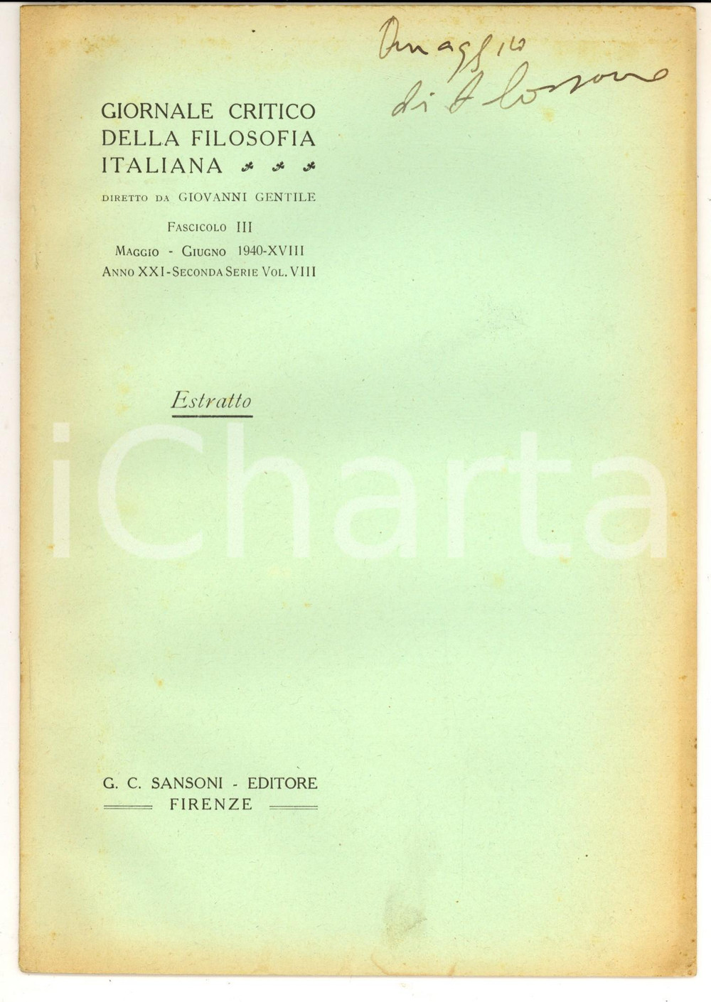 Libro, pubblicazione d epoca 1940 Antonio CORSANO Note sul De voluptate del Valla  Invio autografo 1