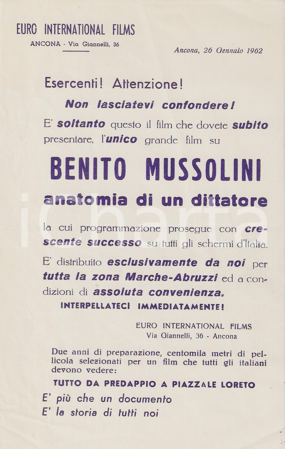 Oggetto da collezione cartaceo 1962 BENITO MUSSOLINI: ANATOMIA DI UN DITTATORE Volantino distribuzione Marche 1