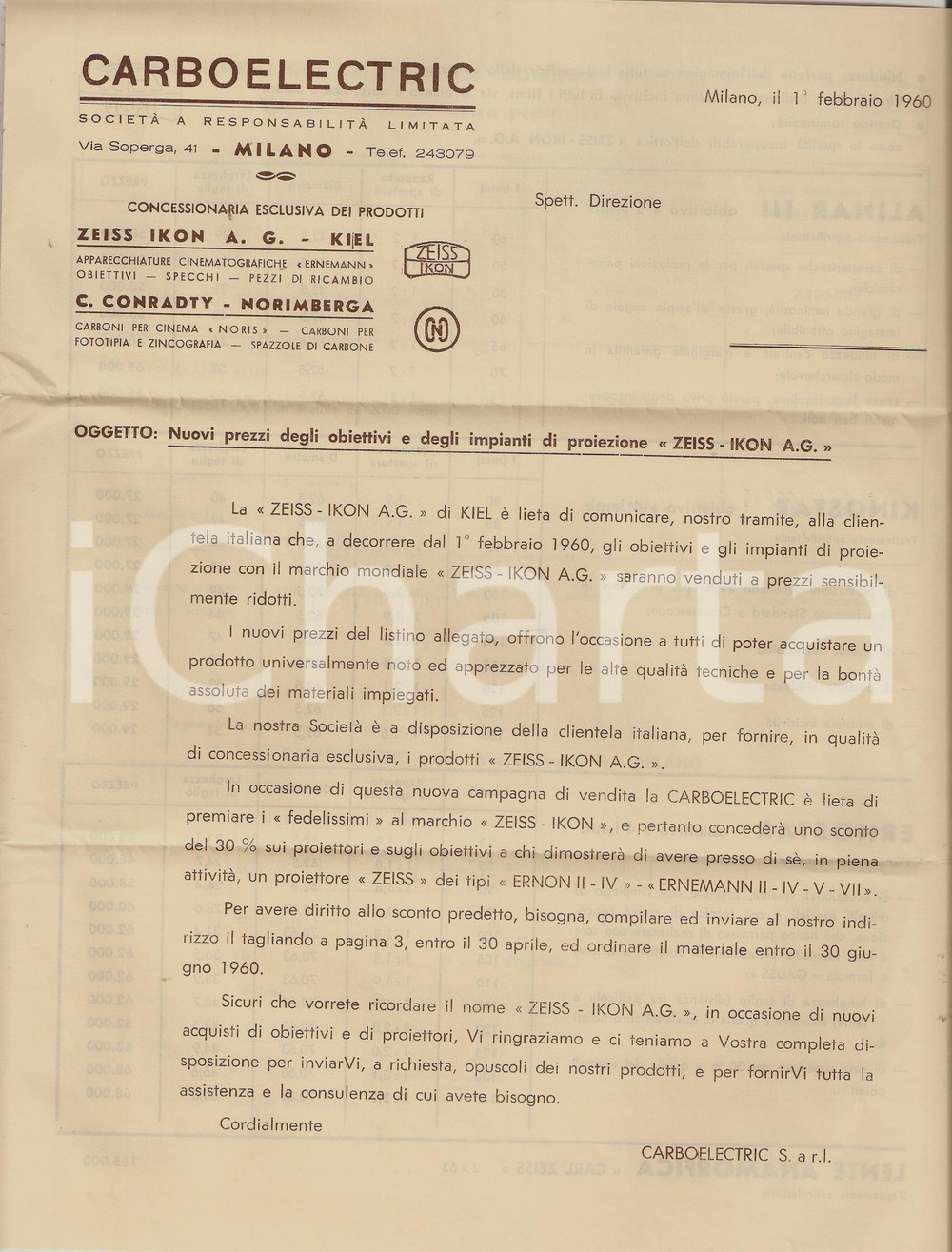 Materiale pubblicitario d’epoca 1960 MILANO SocietÃ  CARBOELECTRIC Listino prezzi obiettivi ZEISS  IKON 22x28 1