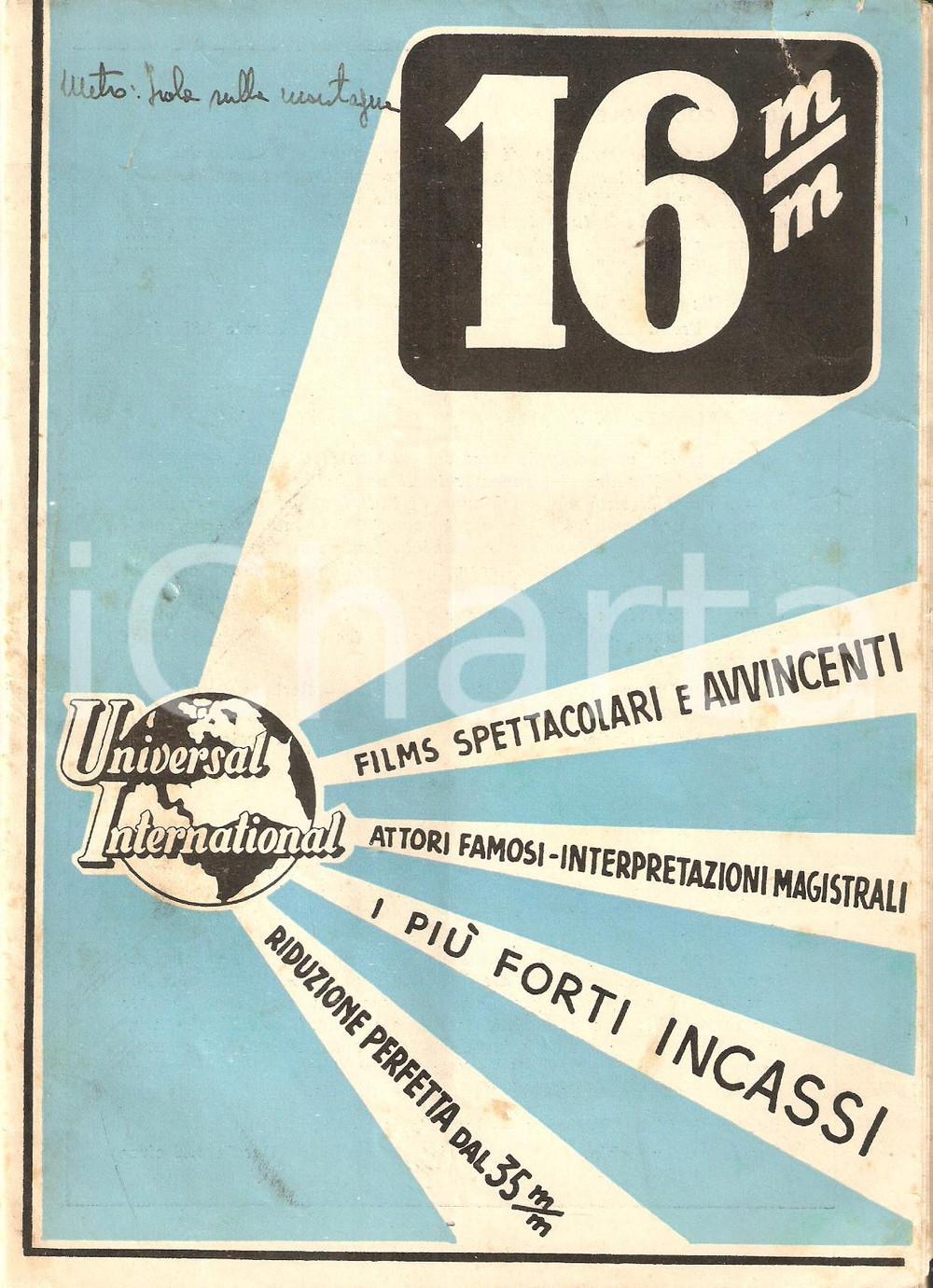 Materiale pubblicitario d’epoca 1950 ca UNIVERSAL INTERNATIONAL Listino dei film in 16mm 15x22 cm 1