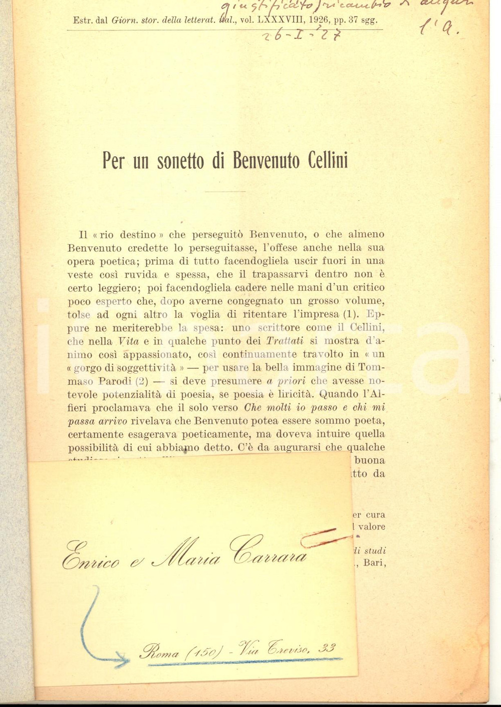 Libro, pubblicazione d epoca 1926 Enrico CARRARA Per un sonetto di Benvenuto Cellini Invio autografo 28 pp. 1